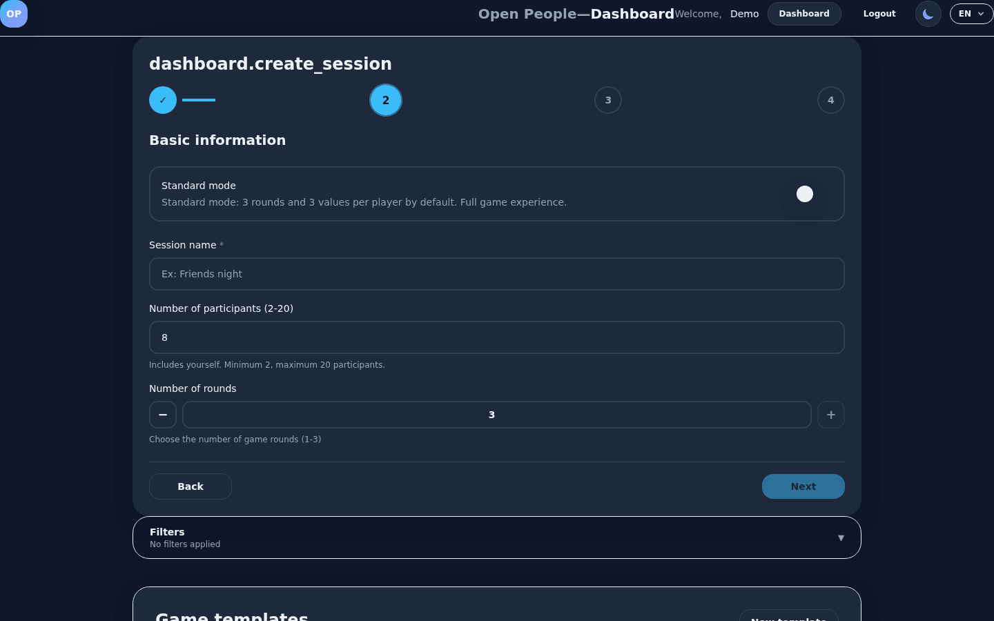 Screenshot of an online card game interface with a virtual table and cards. - Session Setup