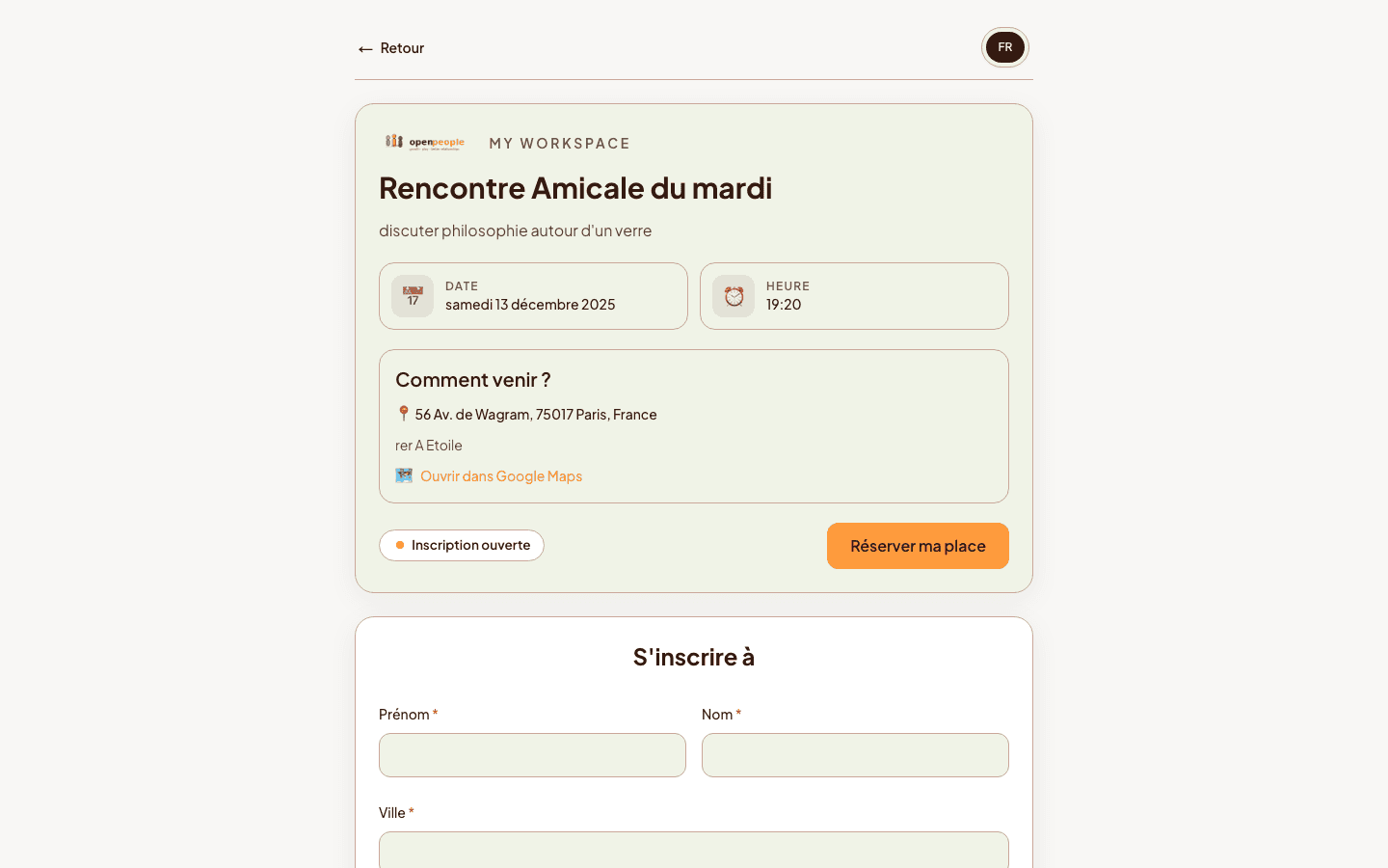 Screenshot of a web dashboard with a list of participants and event details. - Public Event Page