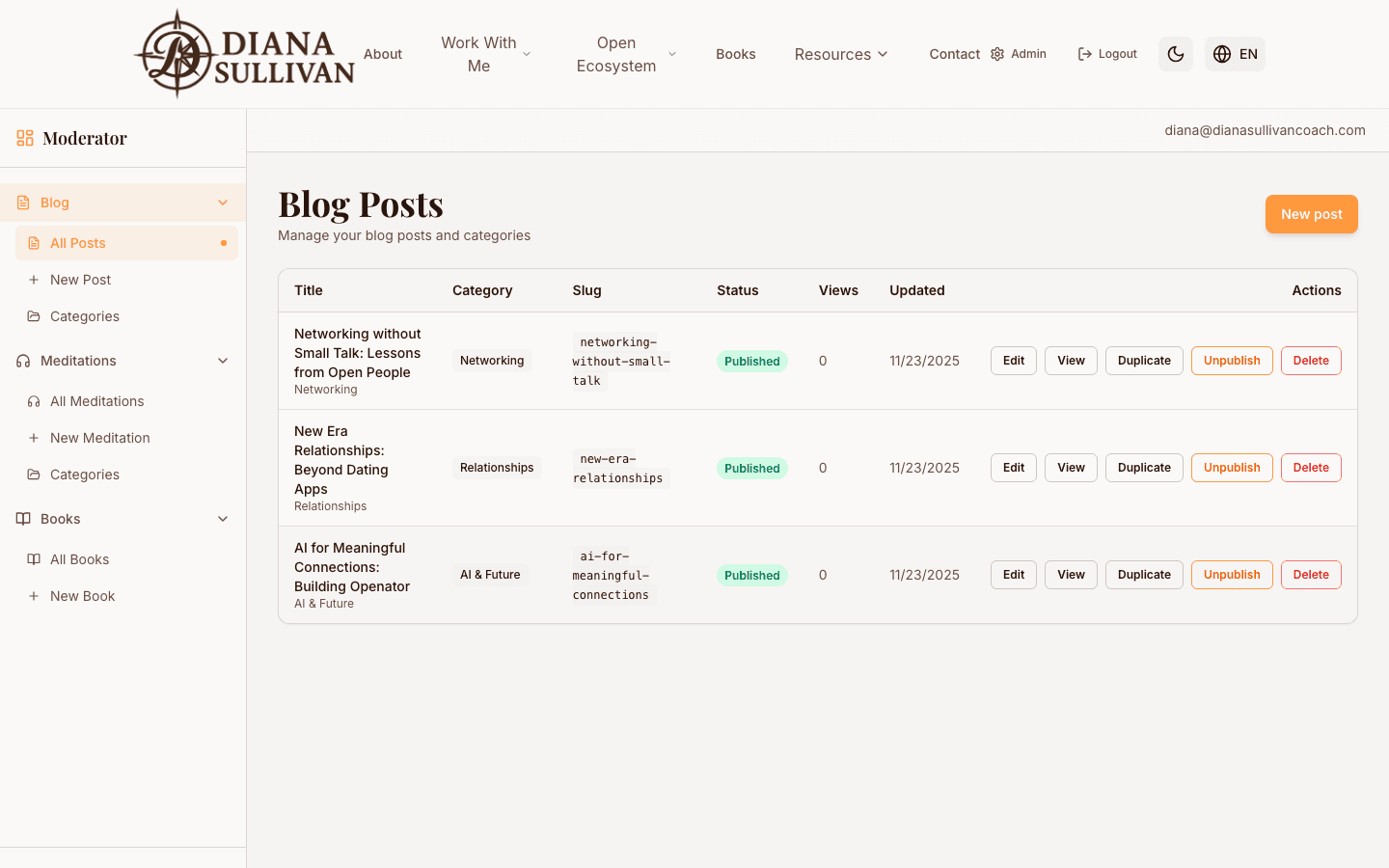 Screenshot of a personal coach website showcasing programs, books, meditations, and a personal growth blog. - Content Dashboard