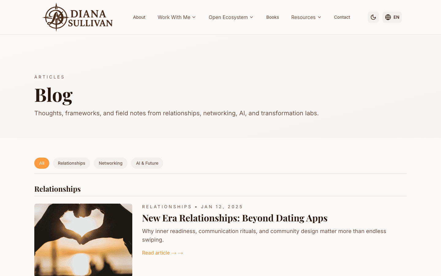 Screenshot of a personal coach website showcasing programs, books, meditations, and a personal growth blog. - Blog & Articles