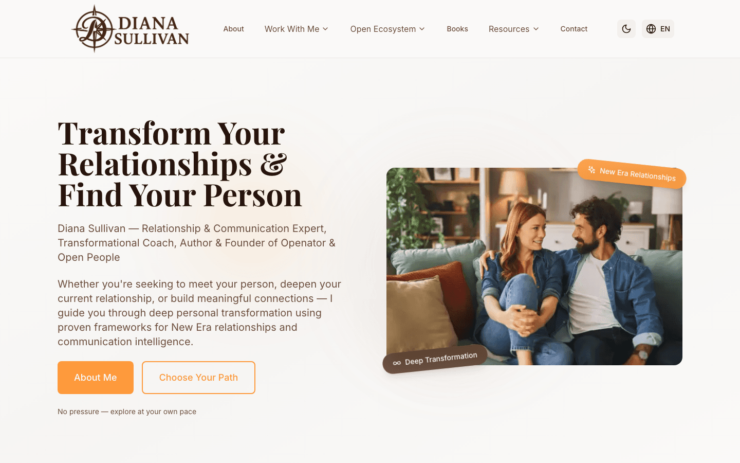 Screenshot of a personal coach website showcasing programs, books, meditations, and a personal growth blog. - Home Page